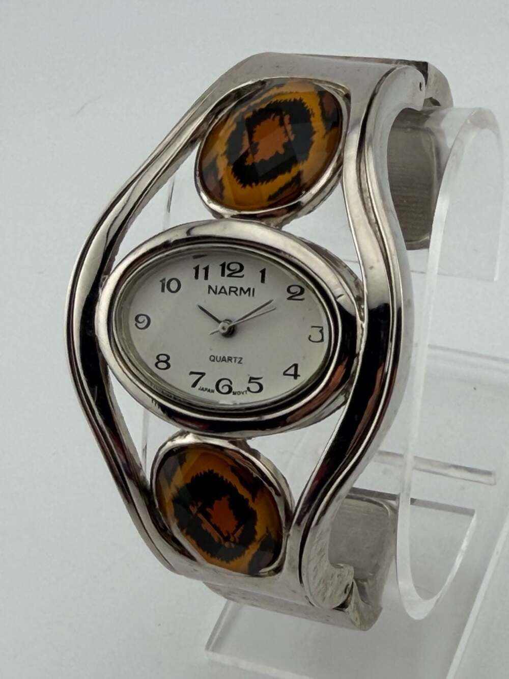BOGO!-Narmi Silver Tone Faux Tigers Eye Bangle Cuff Watch Oval Dial NEW BATTERY